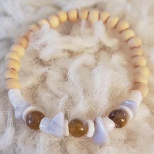 Brown Jasper, Howlite, Puka Shell and Wood Beaded Bracelet
